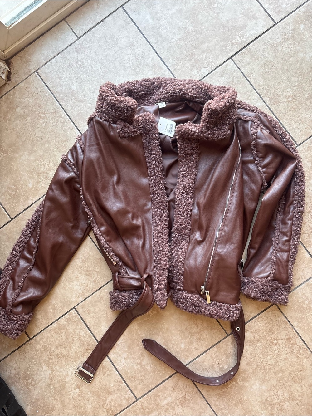 Cato Faux Leather Shearling Jacket in Chocolate Brown